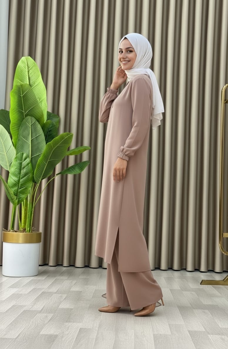 Mismoly Tesettür Ikili Takım Uzun Tunik Bol Paça Pantolon görsel 5