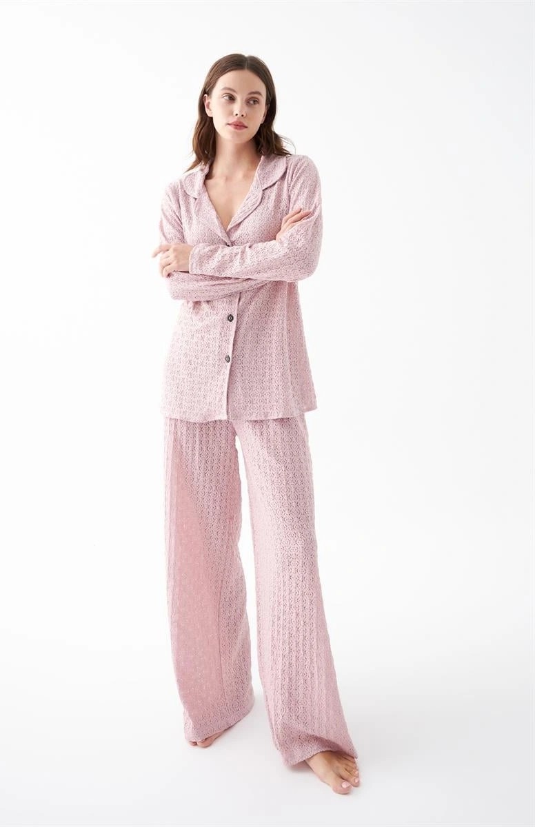 mery Kadın Pembe Önden Düğmeli Rahat Kesim Pijama Takımı, Günlük Ev Giyim Seti Mery