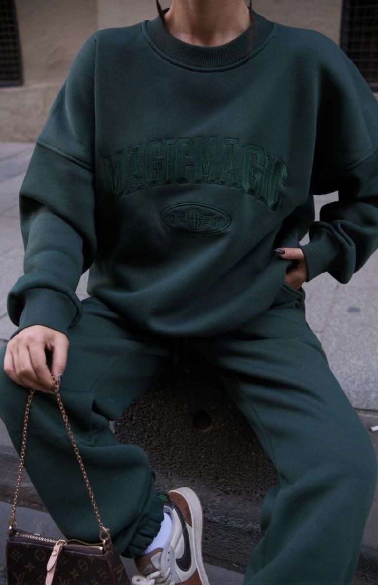 Fantastik Store Kadın Bisiklet Yaka Nakış Işlemeli 3 Iplik Pamuklu Sweat Alt-Üst Takım - Yeşil görsel 5