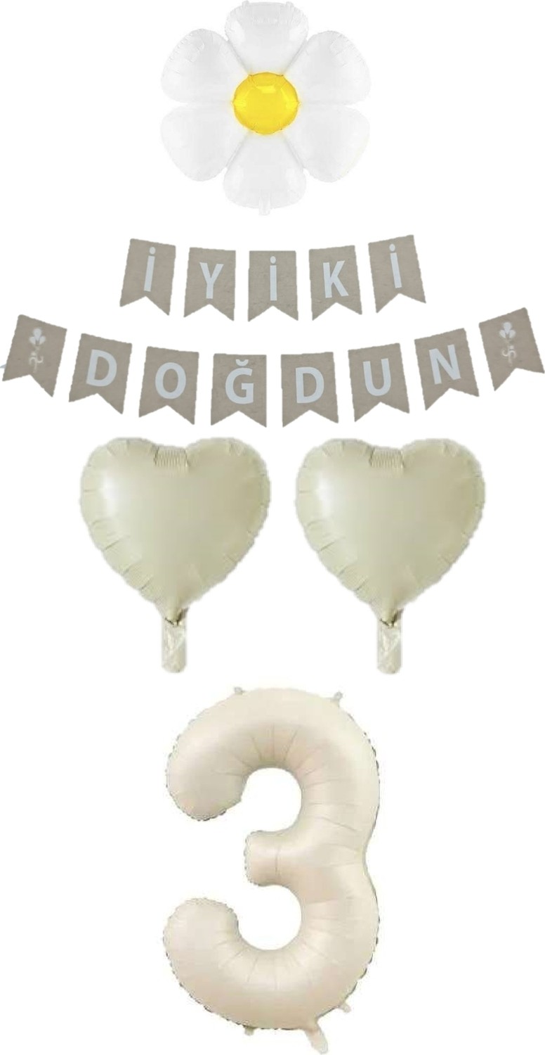 Feyza Design 3 Yaş Papatyalı Rakam Kalp Folyo Balon Doğum Günü Seti