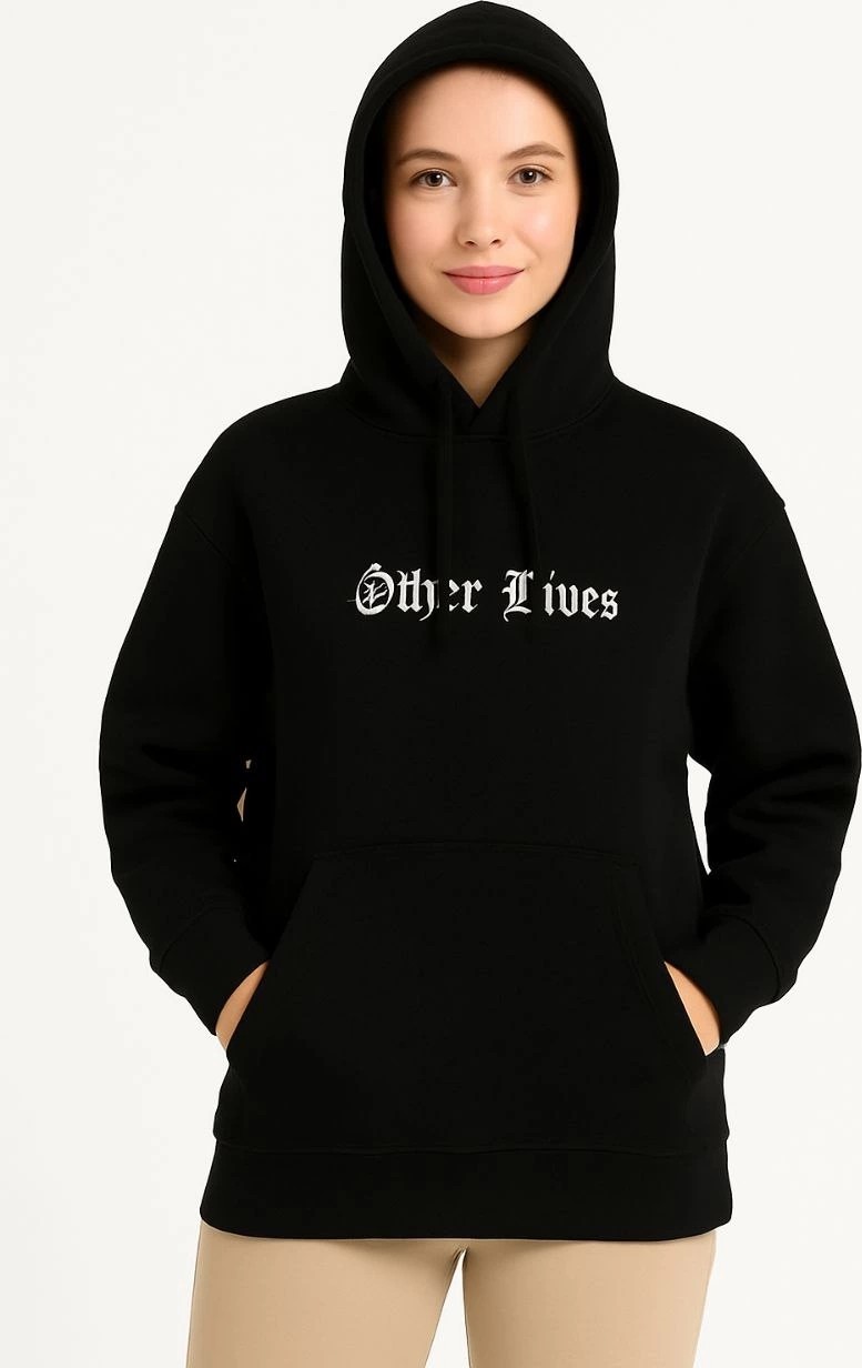 Tarz Yeri Kadın Kapüşonlu Kanguru Cepli Sweatshirt 3 Iplik Pamuklu Baskılı Hoodie - Siyah