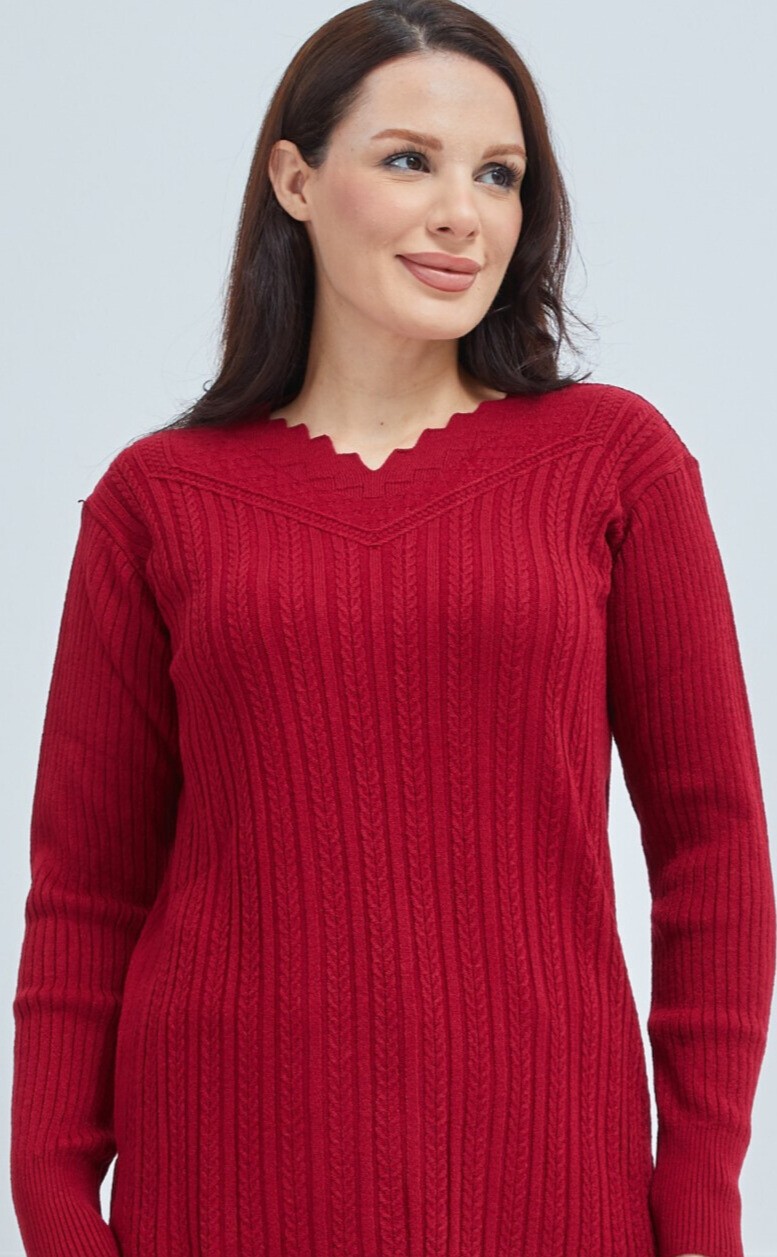 Fresh Moda Kadın Kırmızı Triko Esnek V Yaka Kışlık Anne Kazak Rahat Kalıp Özelliğiyle