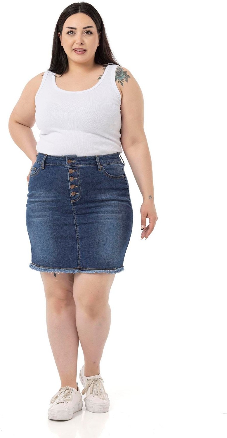 Disentis Modest Büyük Beden Eteği Püsküllü Düğme Detaylı Lacivert Denim Mini Etek