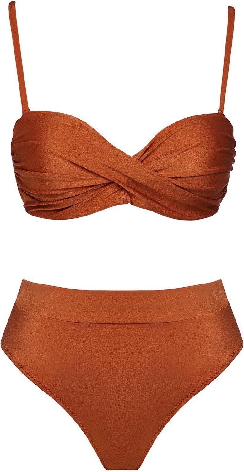 Sailor Moda Kahverengi Dönmeli Yüksek Bel Bikini Takım Kadınlar İçin Özel Tasarım %80 Polyamide %20 Elastane