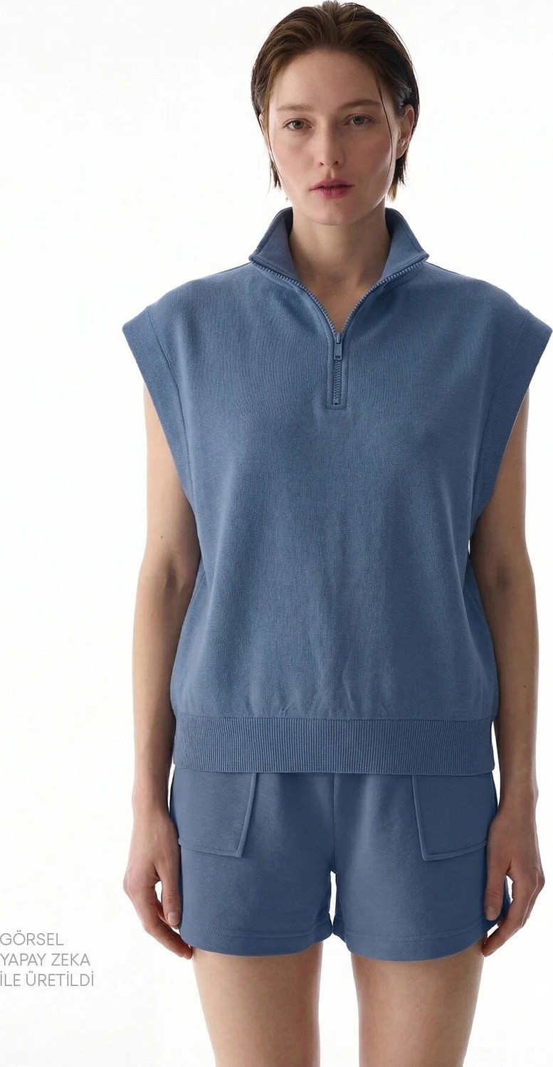 Penti Mavi Nura Yarım Fermuarlı Kısa Kollu Sweatshirt