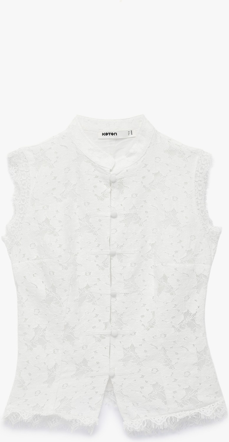 Koton x Melis Ağazat - Kolsuz Floral Dokulu Dik Qipao Yaka Güpür Dantel Bluz görsel 4