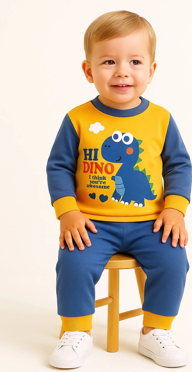 Aden Kids Erkek Çocuk Dinozor Baskılı Pamuklu Penye Pijama Takımı 0-5 Yaş, Mevsimlik, Günlük Kullanıma Uygun