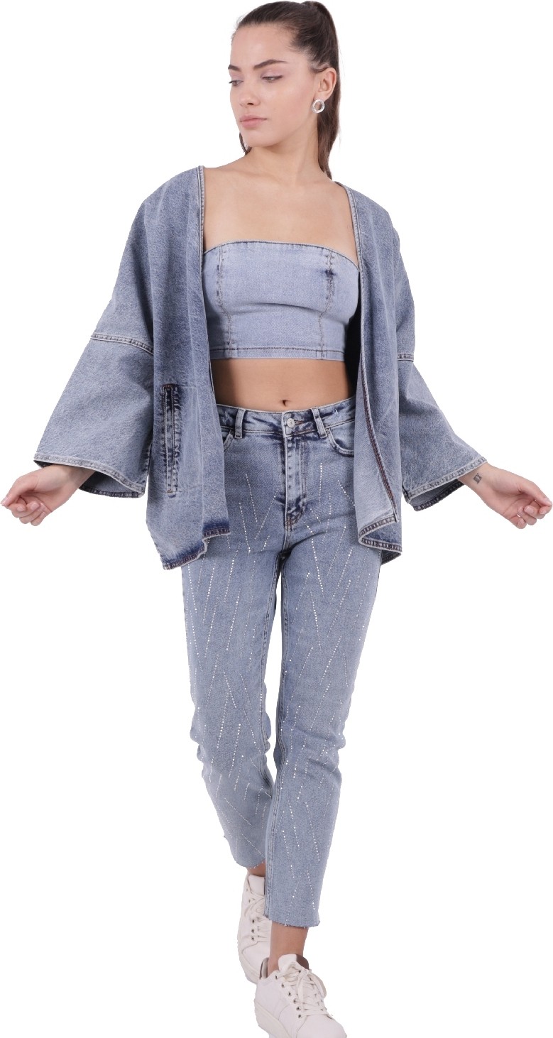 Richmost Bol Kalıplı ve Orta Boylu Kemersiz Rahat / Oversize Kadın Kot Kimono Açık Mavi Denim Dört Mevsim görsel 3
