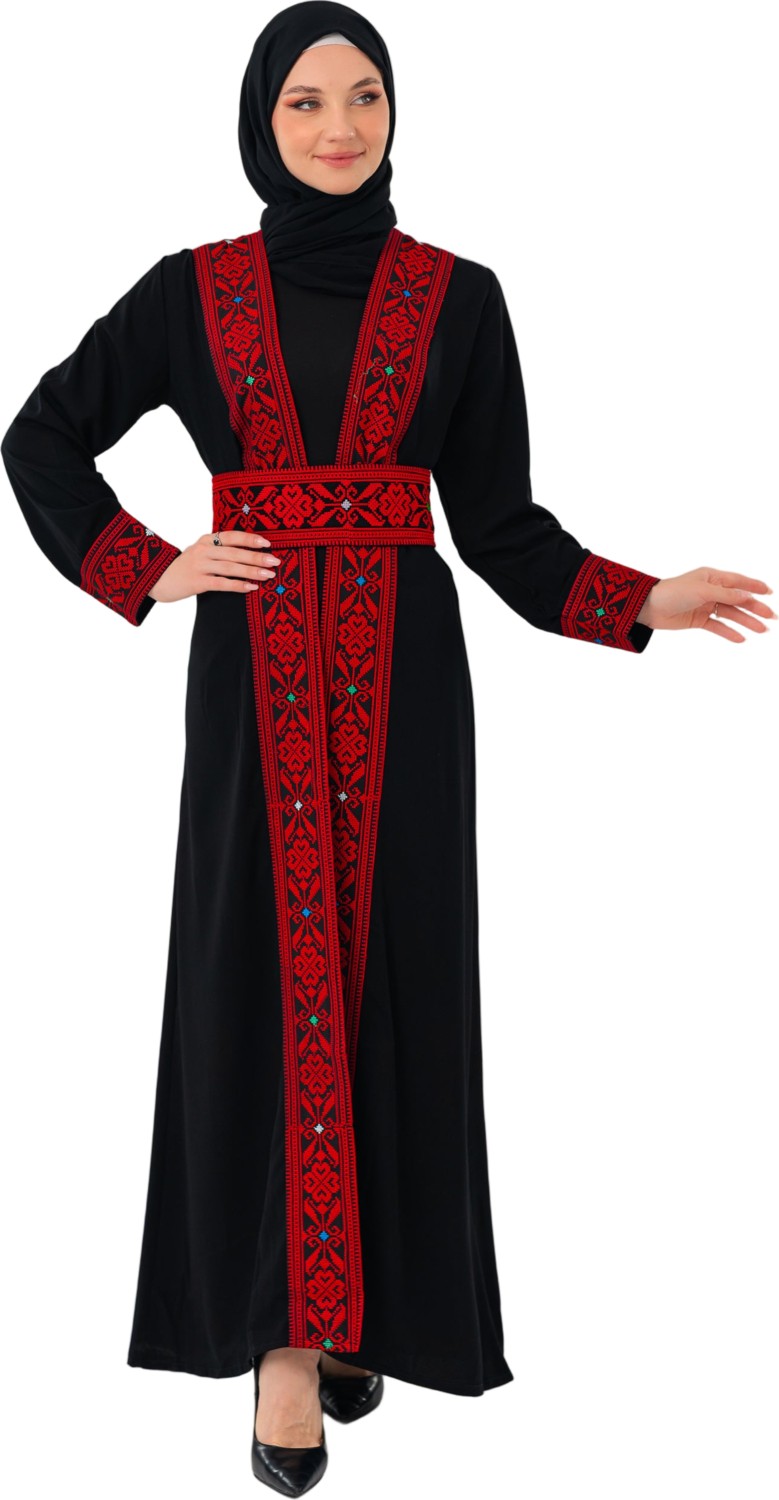Zaytoon Ferace Filistin Geleneksel Nakışlı Uzun Siyah Abaya Kırmızı Renkli görsel 6