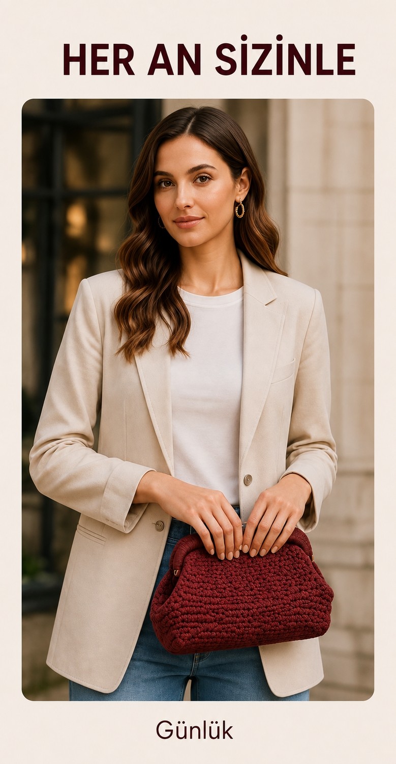Holistic Kadın Örgü El Çantası Clutch Portföy Abiye Çanta El Yapımı Şık Günlük ve Davet Çantası Kızıl Kahve görsel 7