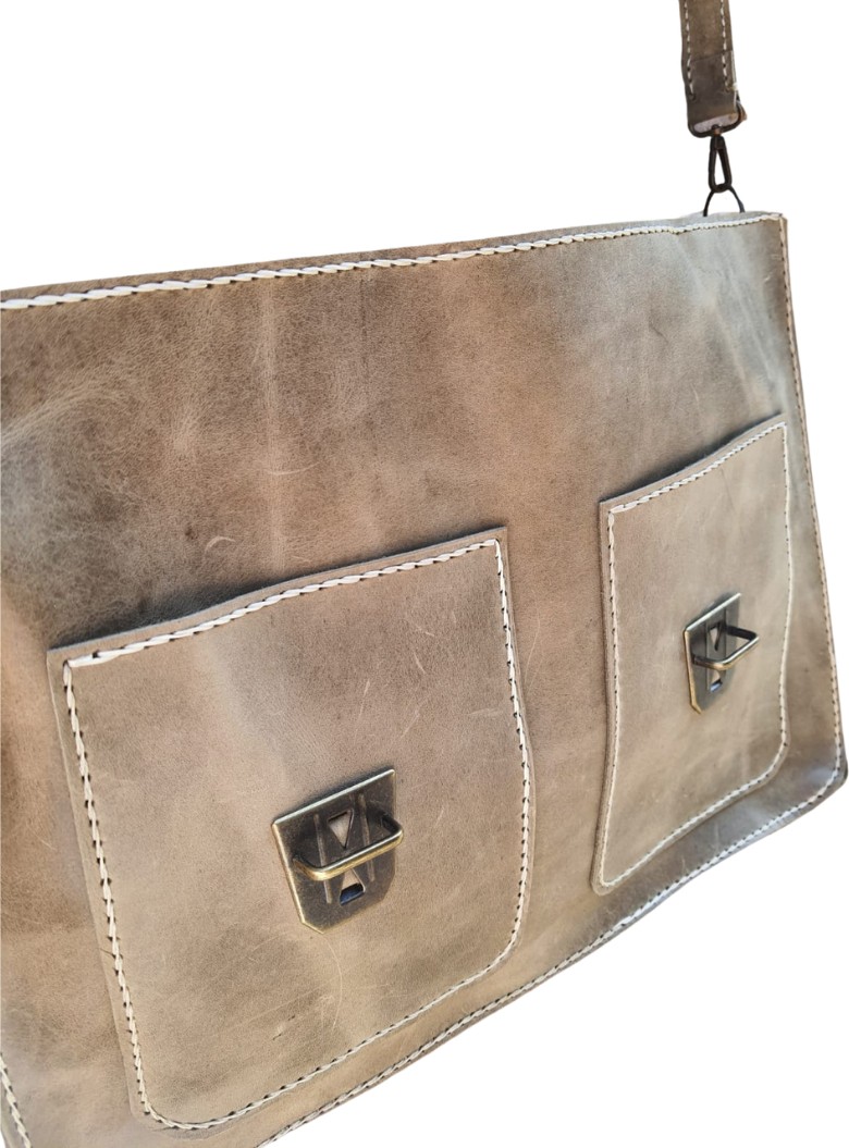 Semiramis Unisex Zeus Model Deri Bej El Yapımı Çift Körüklü Vintage Evrak Çantası görsel 5