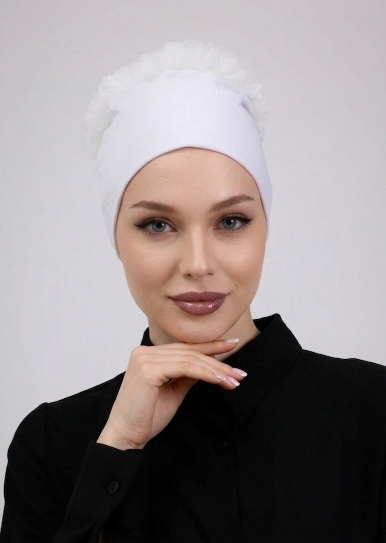 Alivascarf Fırfırlı Dikişsiz Penye Bone Ekru - Kadın Tesettür Bağlamalı Topuz Iç Bone Kırık Beyaz