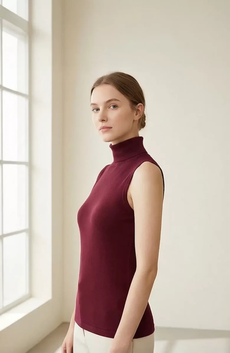 Lux Store Kadın Bordo Kolsuz Balıkçı Yaka Bluz görsel 3
