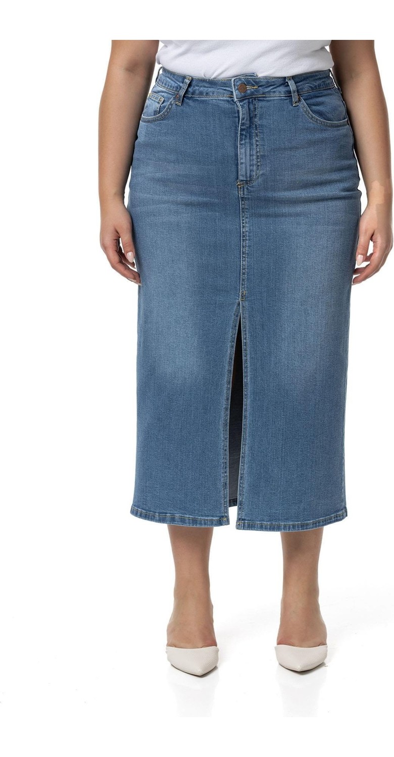 Disentis Modest Büyük Beden Önden Yırtmaç Detaylı Beş Cepli Midi Denim Lacivert Etek görsel 2