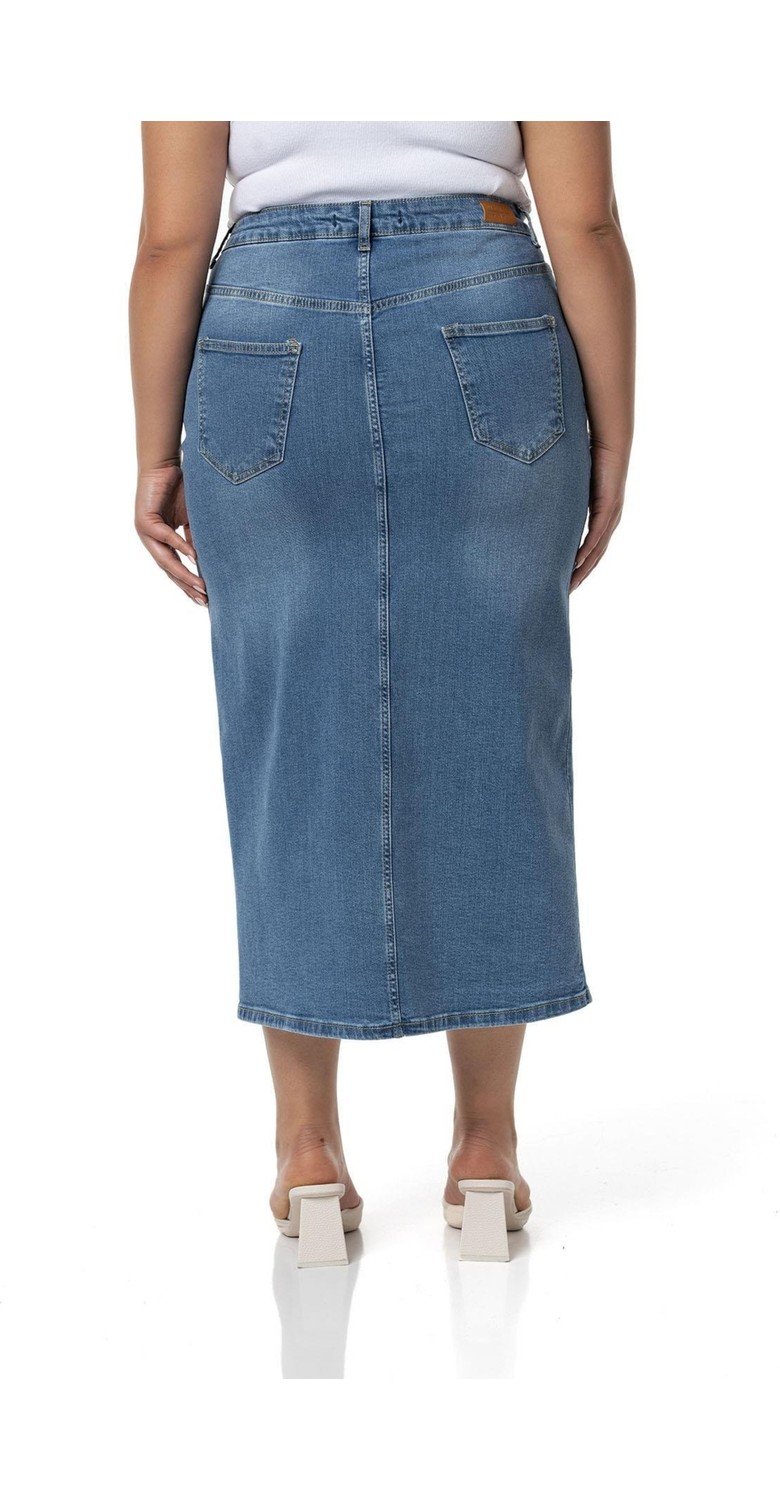 Disentis Modest Büyük Beden Önden Yırtmaç Detaylı Beş Cepli Midi Denim Lacivert Etek görsel 3