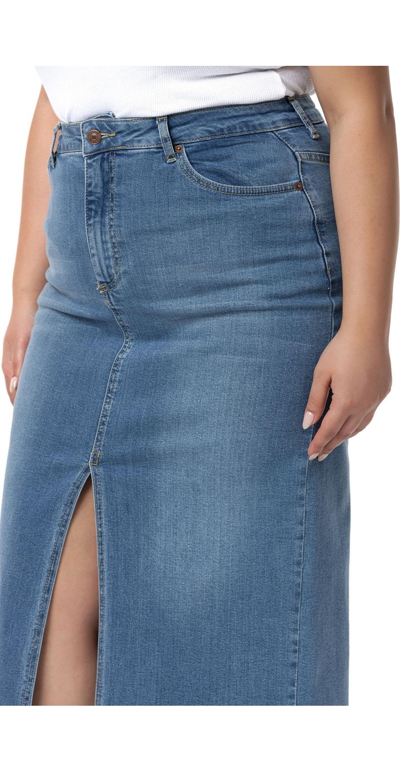 Disentis Modest Büyük Beden Önden Yırtmaç Detaylı Beş Cepli Midi Denim Lacivert Etek görsel 4