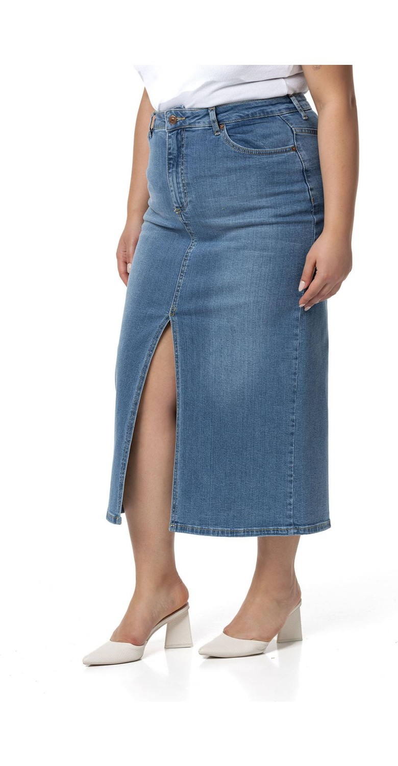 Disentis Modest Büyük Beden Önden Yırtmaç Detaylı Beş Cepli Midi Denim Lacivert Etek görsel 5