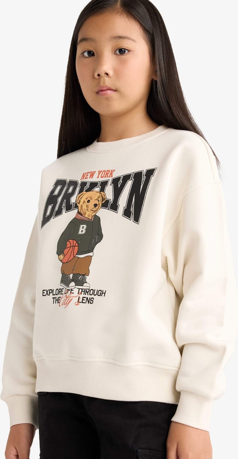 DeFacto Relax Fit Bisiklet Yaka Baskılı İçi Yumuşak Tüylü Sweatshirt Kız Çocuk E6780A825WN görsel 7