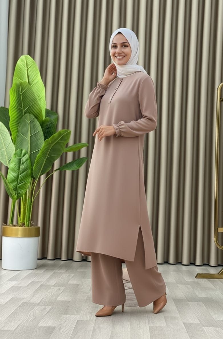 Mismoly Tesettür Ikili Takım Uzun Tunik Bol Paça Pantolon görsel 6