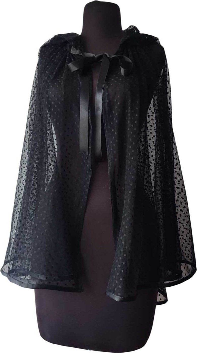 Moda Nur Pelerin, Kapşonlu Pelerin, Siyah Renk , Desenli Tül Gelin Pelerin. 85 cm görsel 3