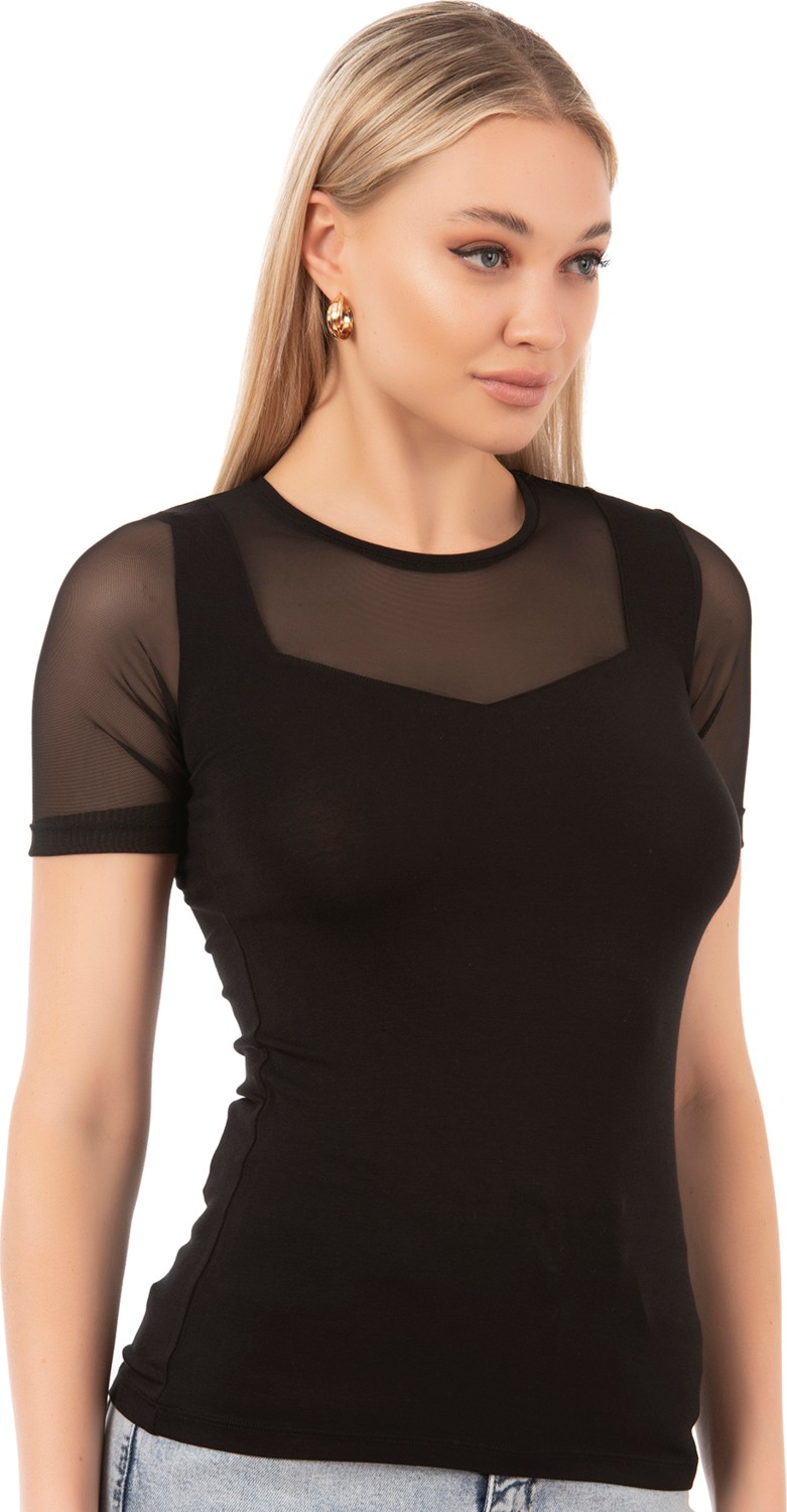 Özkan Underwear Özkan 26981 Kadın Premium Yumuşak Rahat Kumaş Ring Viskon Bisiklet Yaka Tül Detaylı Kısa Kollu Örme Bluz görsel 4