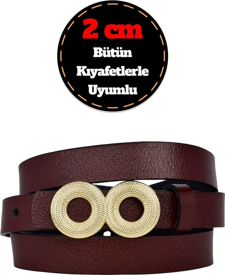 GoDeri %100 Hakiki Deri, Gold Renk Tokalı 2 cm Koyu Kahverengi Kadın Kemeri; Elbise, Pantolon Kemeri_gözov