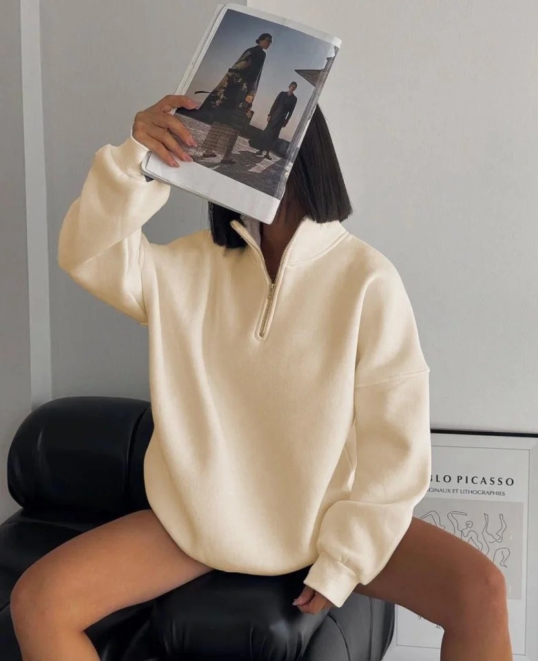 Yarım Fermuarlı Üç Iplik Sweatshirt - Bej