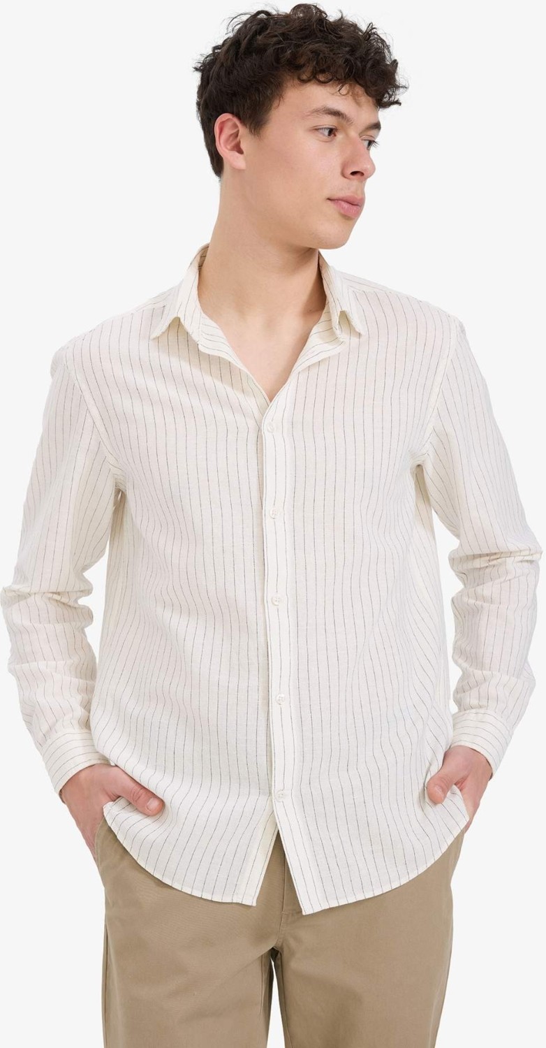 DeFacto Regular Fit Polo Yaka Çizgili Keten Yazlık Uzun Kollu Gömlek E1730AX25SP görsel 3