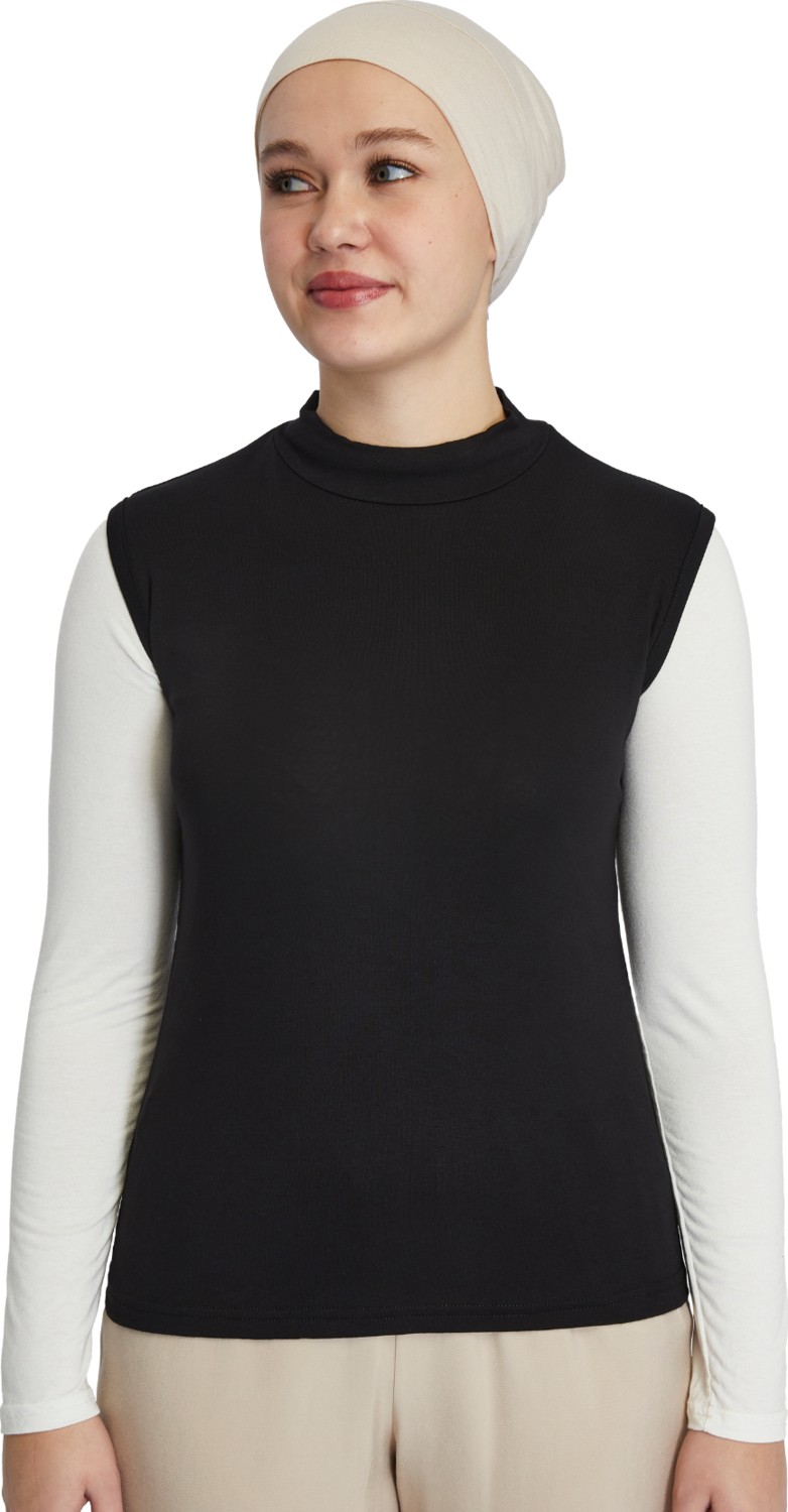 Manolyaşal İslamic Hijab Manolyaşal Kolsuz Balıkçı Yakalı Organik Kadın Body - Siyah - L-XL
