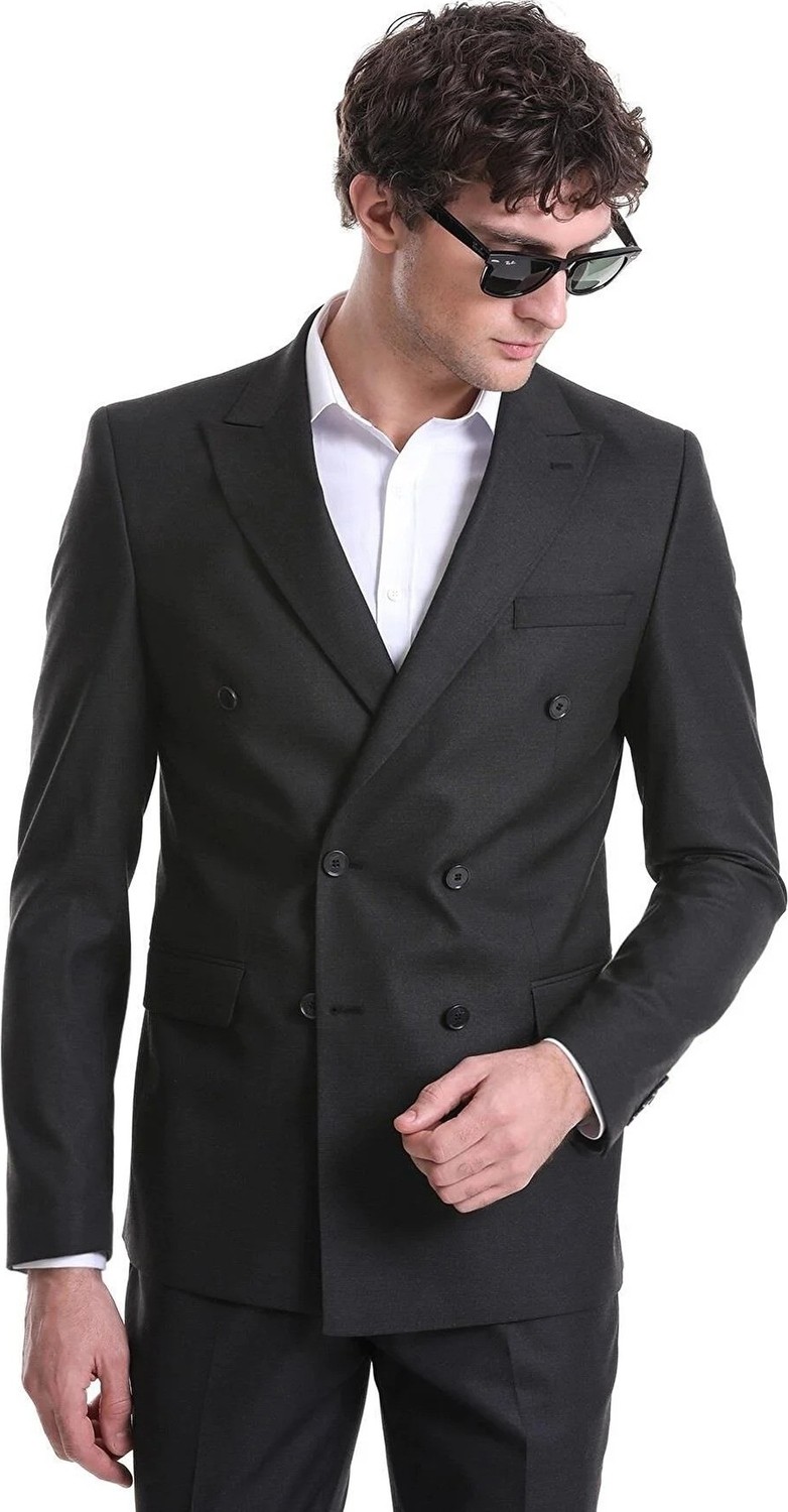 Süvari Slim Fit Düz Siyah Kruvaze Takım Elbise görsel 3