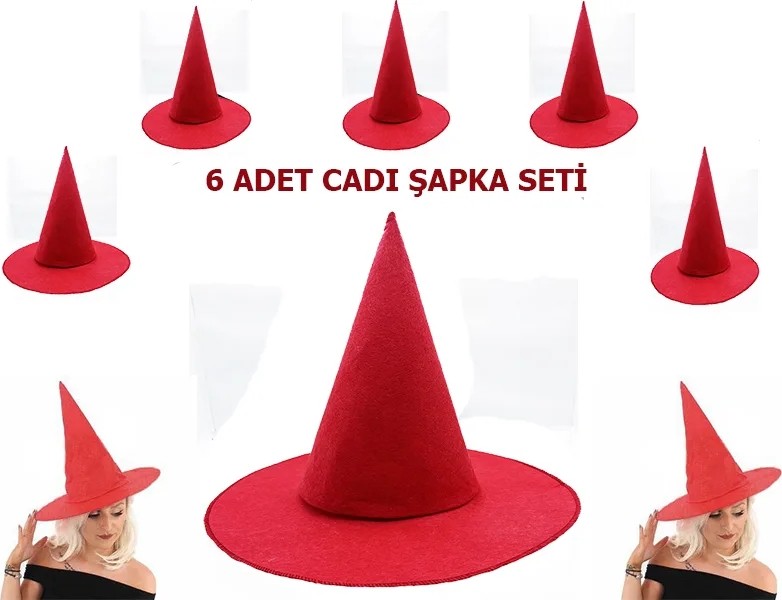 TeknoKapsül Kırmızı Renk Keçe Cadı Şapkası Yetişkin Çuk Uyumlu 6 Adet