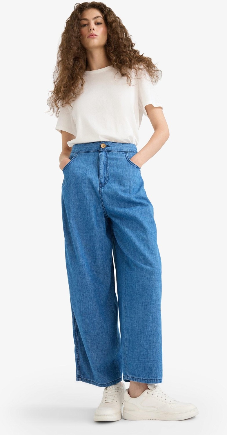 DeFacto %100 Pamuk Culotte Beli Lastikli Kısa Paça Bilek Boy Jean Pantolon E3041AX25SM görsel 3