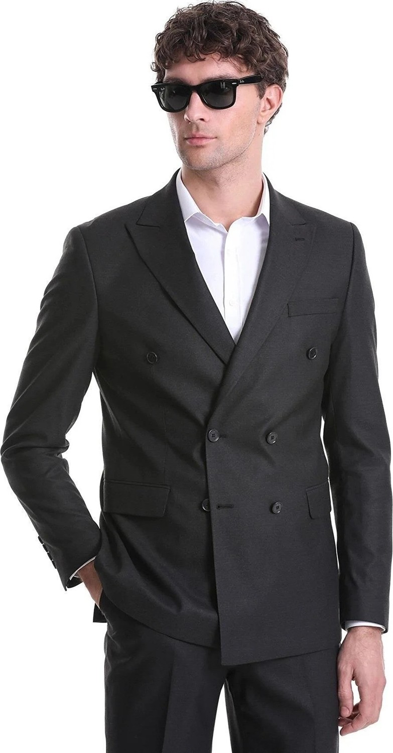 Süvari Slim Fit Düz Siyah Kruvaze Takım Elbise
