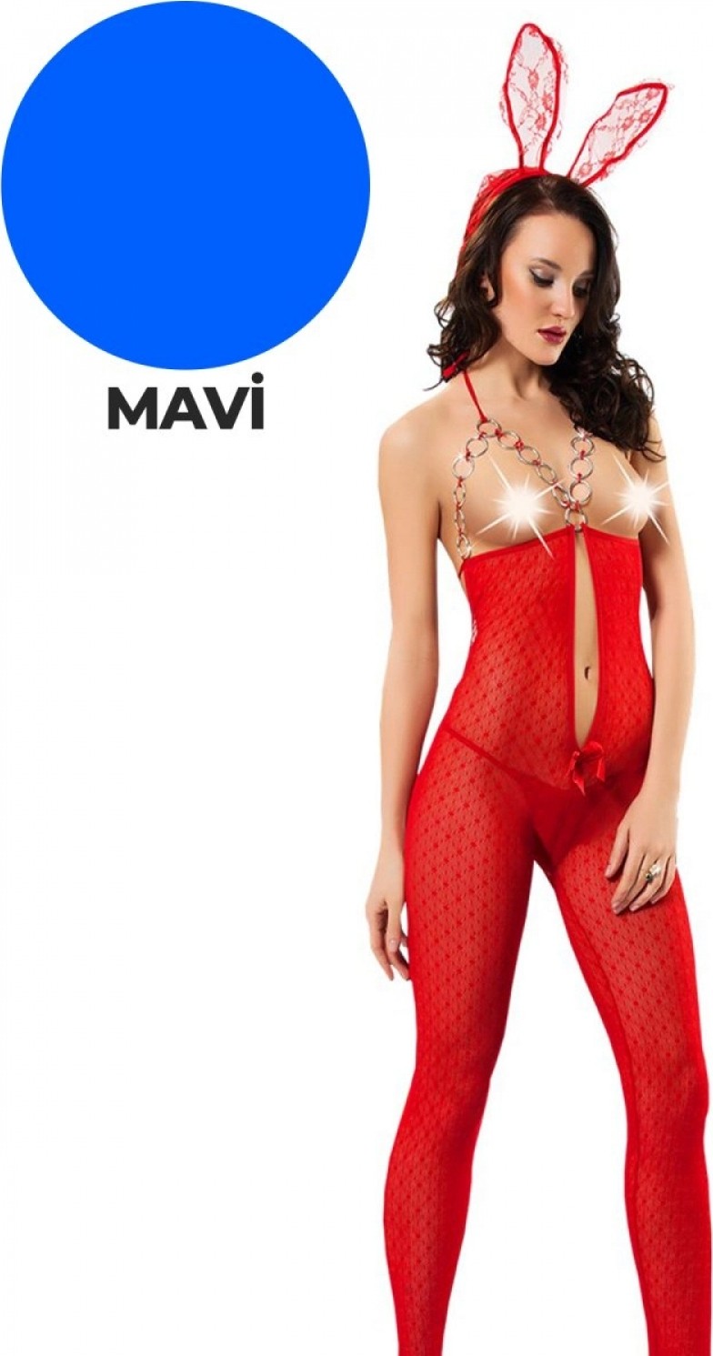 Pileli Store Mavi Zincirli Dantel Vücut Çorabı - 1009
