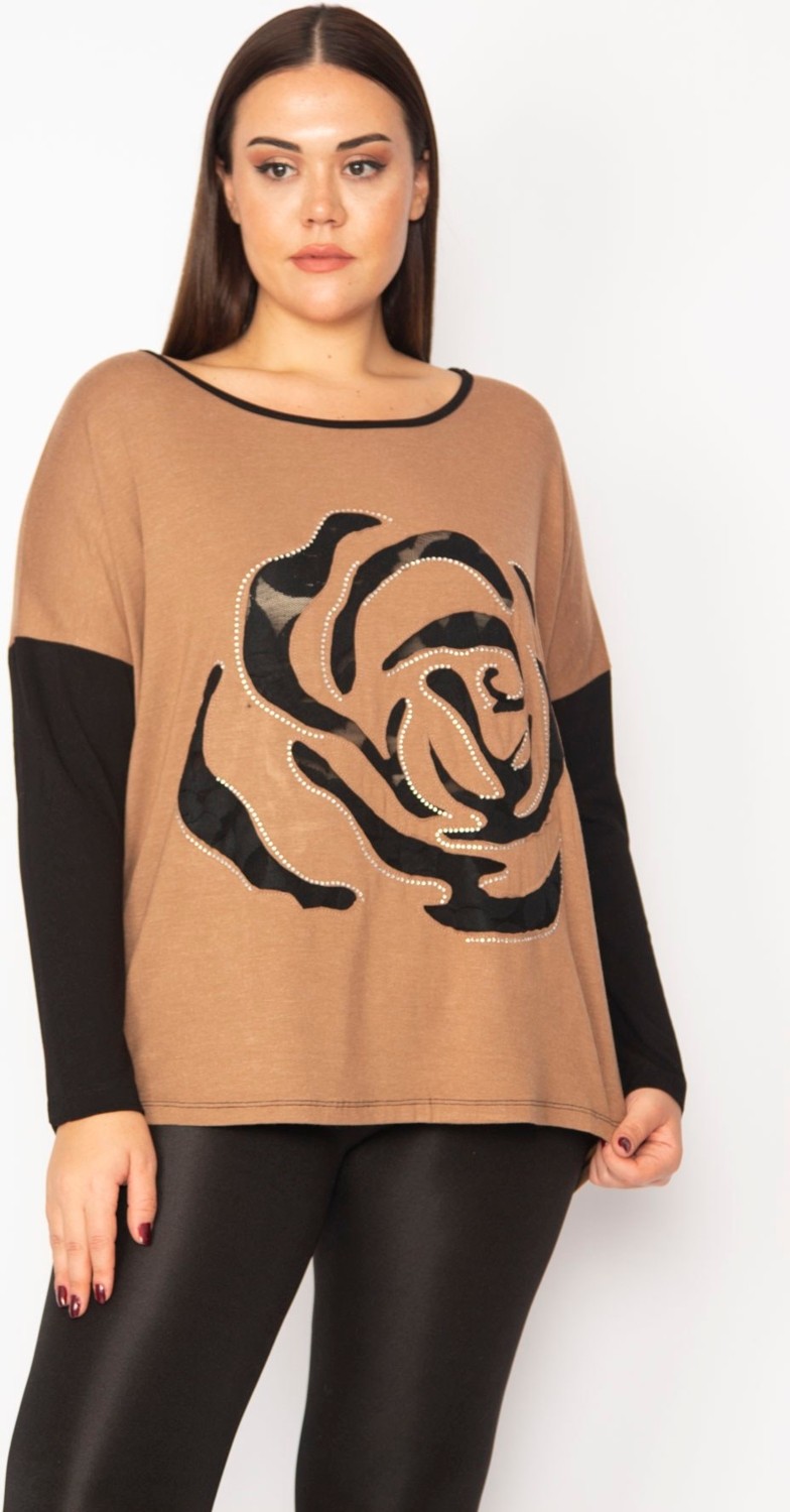 Şans Kadın Camel Önü Flok Desen Ve Taş Detaylı İki Renkli Tunik 65N29336