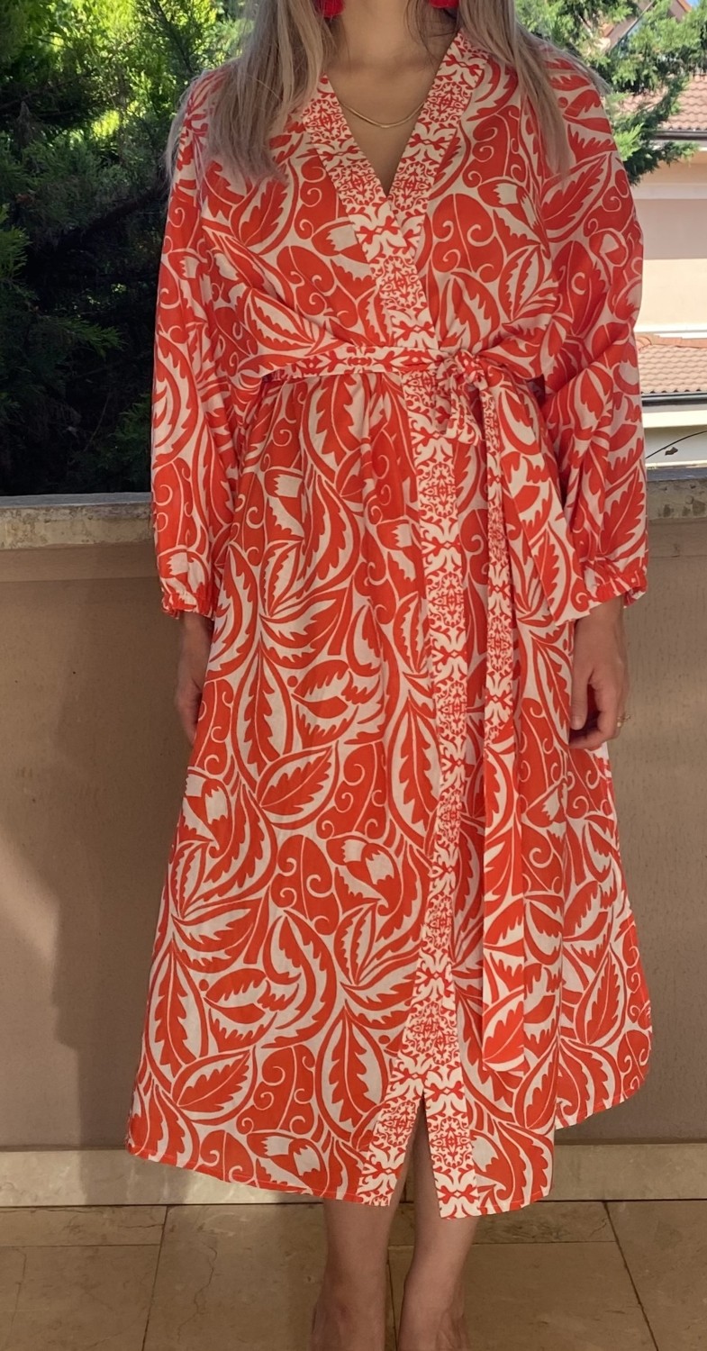 Kyleen Nar Çiçeği Rengi Desenli Sunset Kimono
