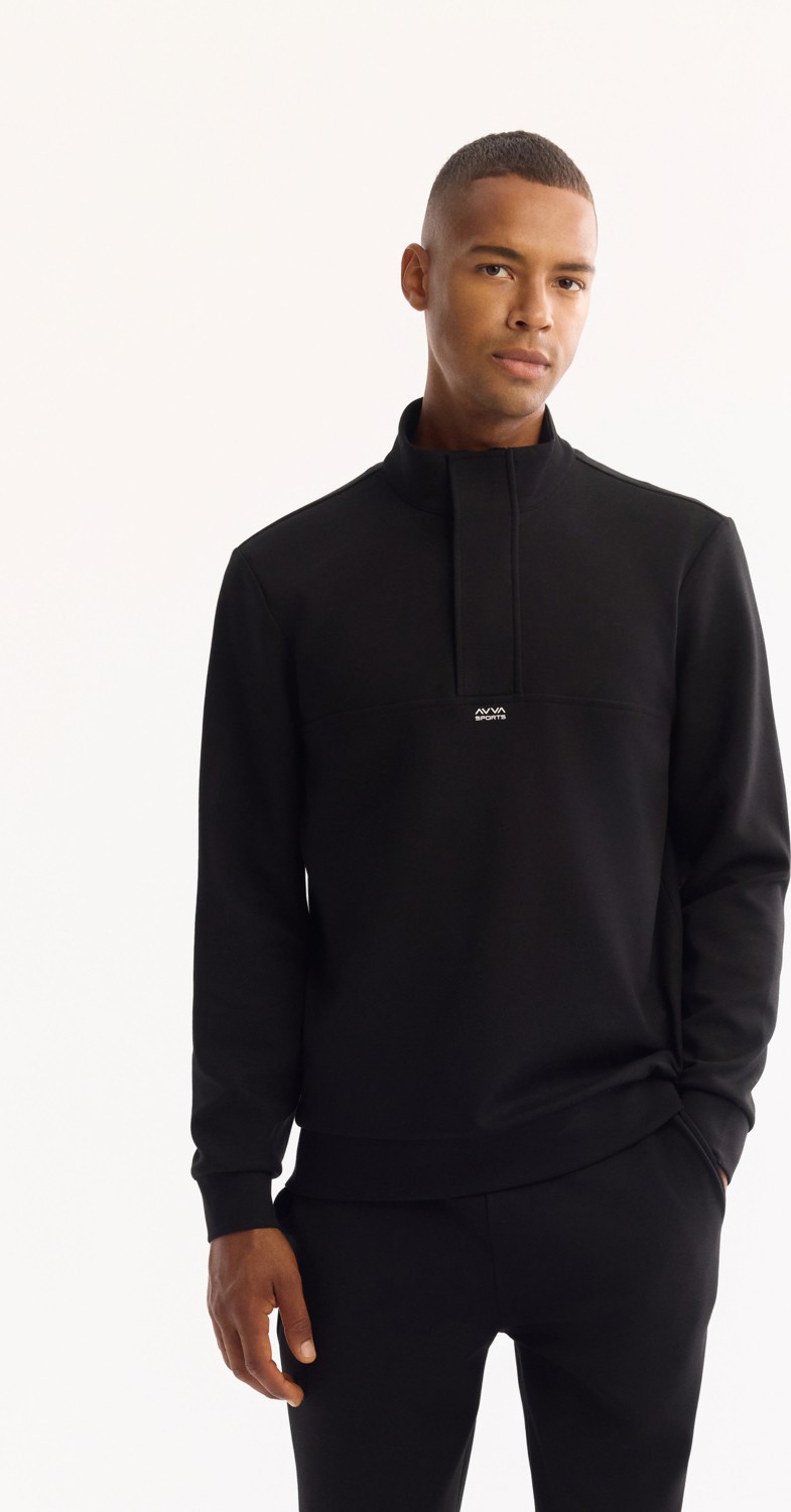 AVVA Erkek Siyah Dik Yaka Fermuarlı Pamuklu Bi-Stretch Regular Fit Sweatshirt A52Y1282