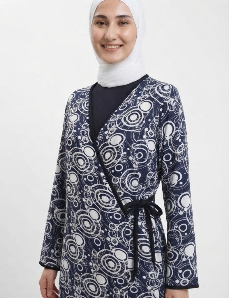 Likapa Tesettür Namaz Elbisesi Anne Lacivert Geometrik Desenli Kruvaze görsel 2