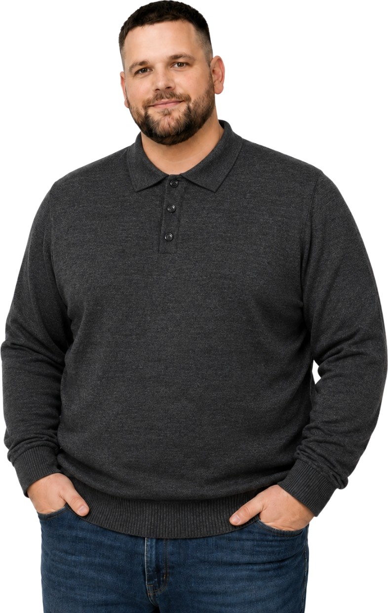 Battal Moda Erkek Büyük Beden Melanj Lacivert Düğmeli Polo Yaka Triko Kazak 3xl-4xl-5xl-6xl