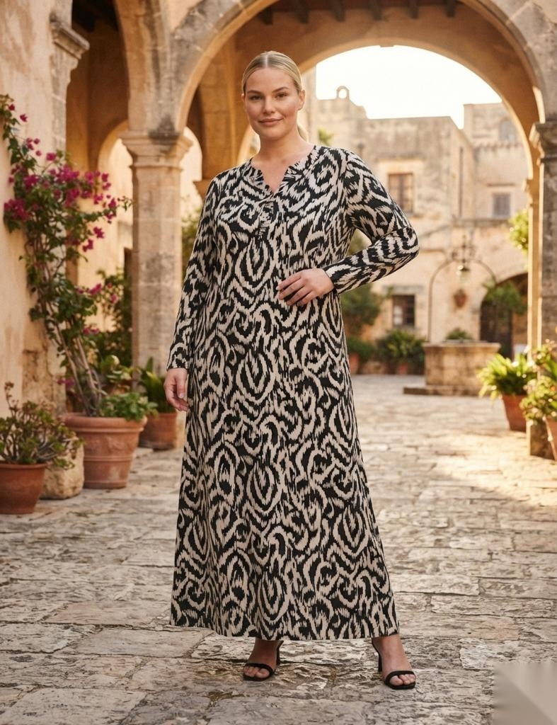 Uzun Kollu Viskon Büyük Beden Tesettür Zebra Desen Kuplu Anne Elbisesi görsel 5