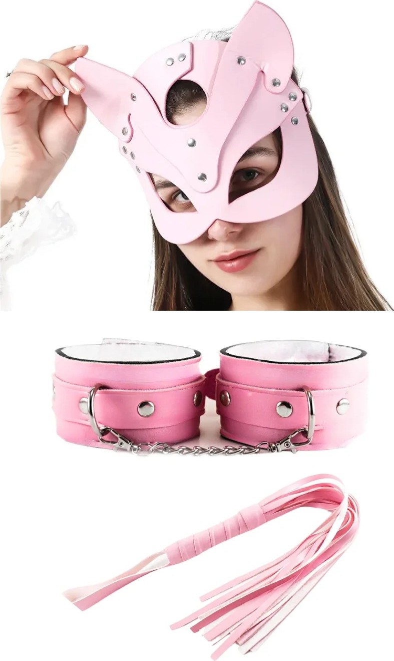 Mariposa Secret Fantezi Deri Seksi Pembe Kedi Maske Kelepçe Kırbaç Seti ( 3'lü Set) BC5368
