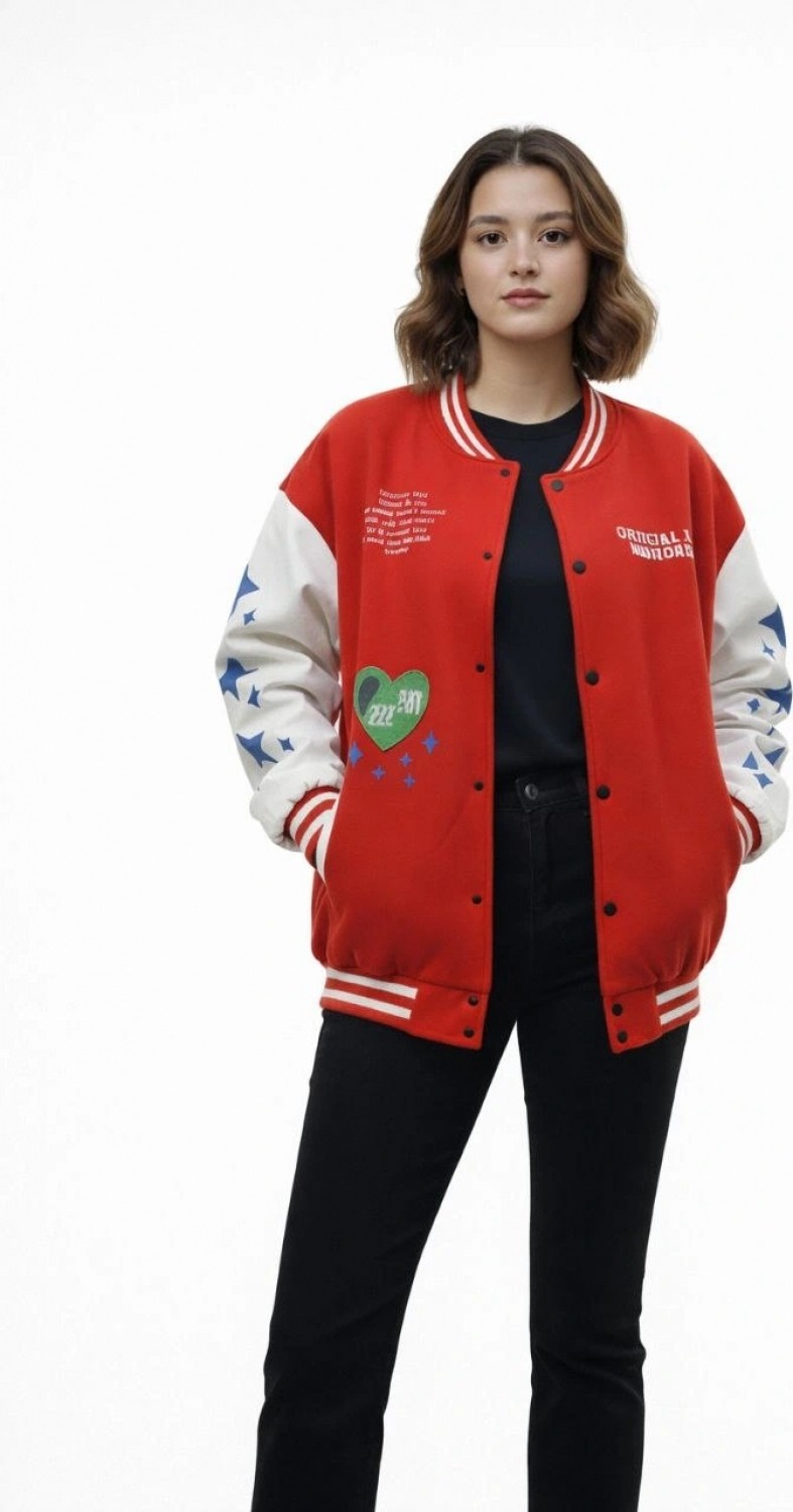 Hace Bazaar Kırmızı Varsity Çıtçıtlı Baskılı Oversize Kalıp Kolej Ceket - Kırmızı