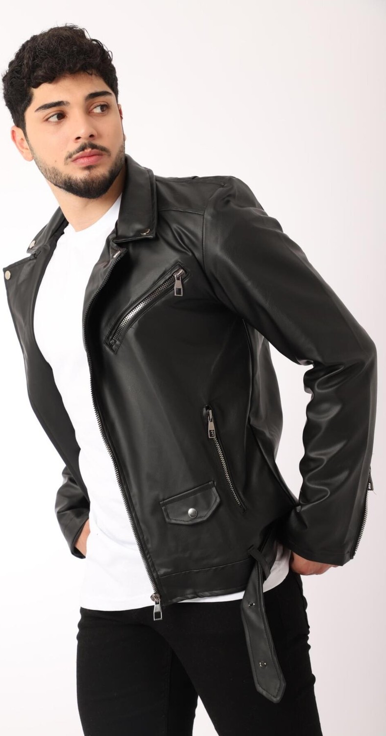 Stil Kombin Kuzey Beli Kemerli Suni Deri Ceket Erkek Slim Fit Siyah Polyester Düz Desenli görsel 7