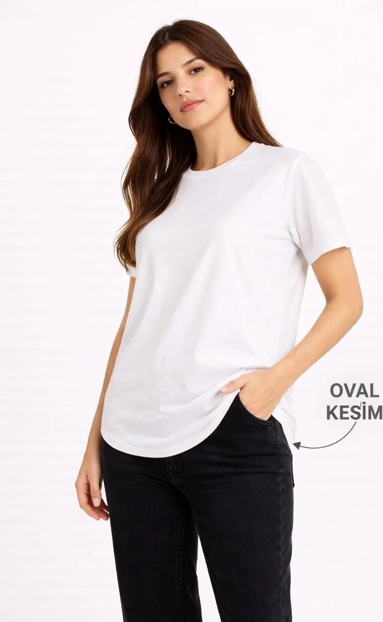 Tarz Yeri Kadın Basic T-Shirt Kısa Kol Bisiklet Yaka Oval Kesim Tişört - Beyaz
