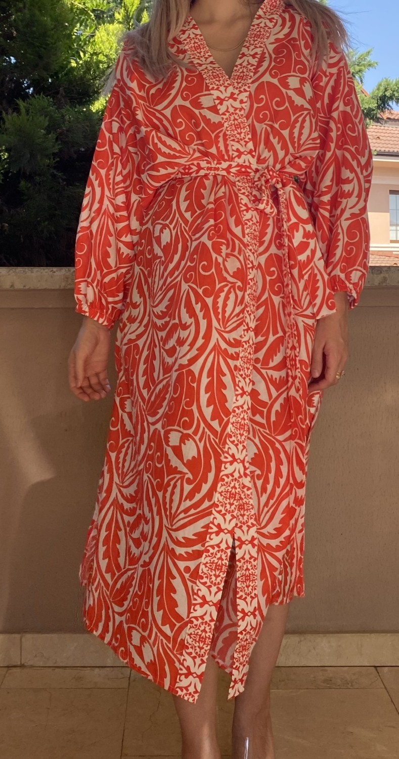 Kyleen Nar Çiçeği Rengi Desenli Sunset Kimono görsel 2