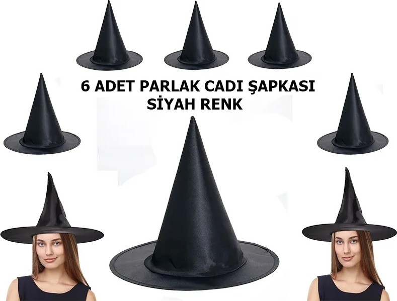 TeknoKapsül Siyah Renk Parlak Drn Cadı Şapkası Yetişkin ve Çuk Uyumlu 6 Adet