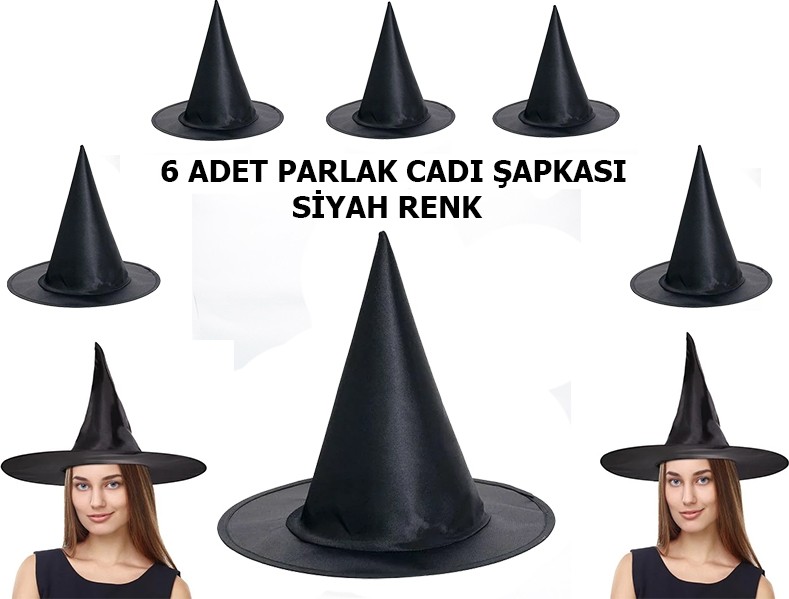 TeknoKapsül Siyah Renk Parlak Dralon Cadı Şapkası Yetişkin ve Çocuk Uyumlu 6 Adet