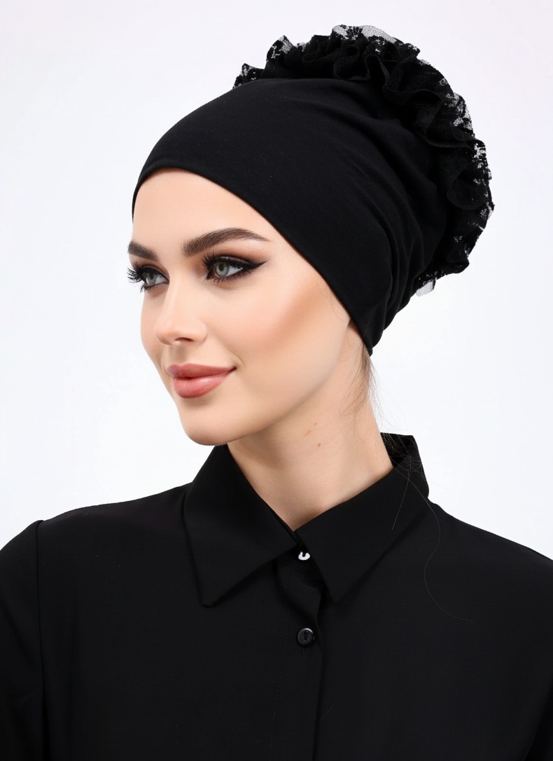 Aliva Scarf Kaymayan Fırfırlı Siyah Silikonlu Dikişsiz Kaymaz Bone Kadın Tesettür Bağlamalı Iç Bone görsel 3