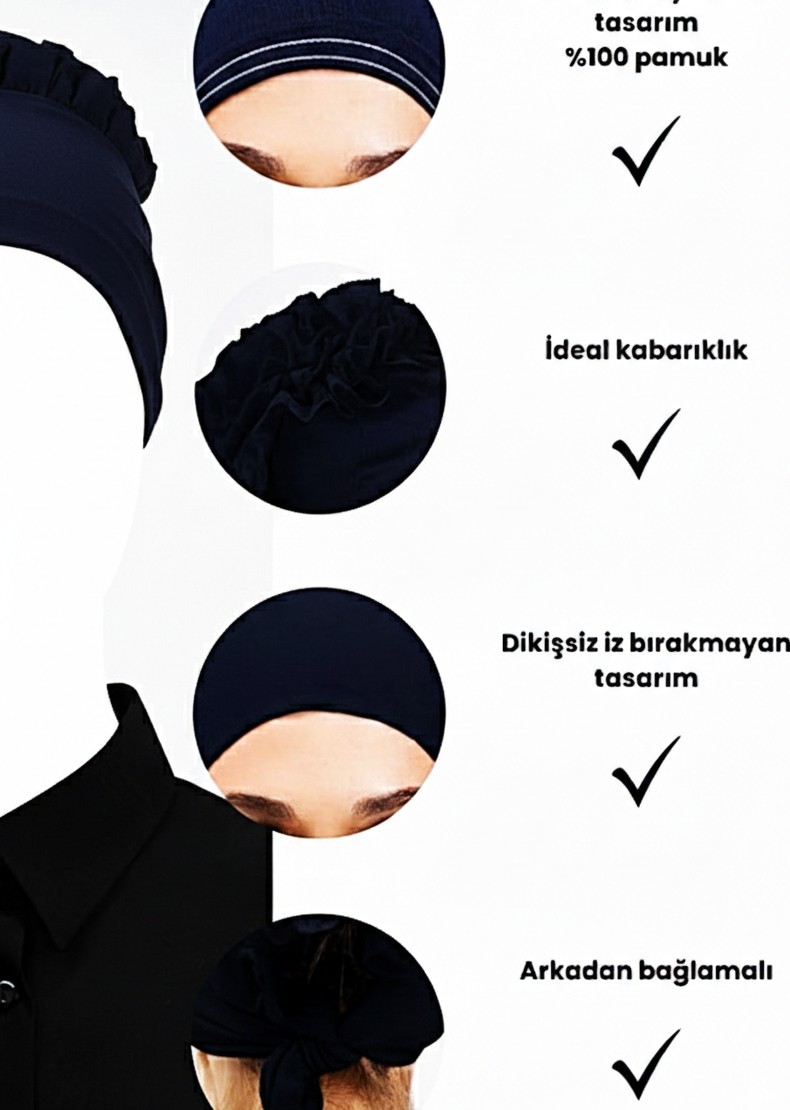Alivascarf Fırfırlı Siyah Dikişsiz Topuz Bone Kadın Tesettür Bağlamalı Iç Bone görsel 7