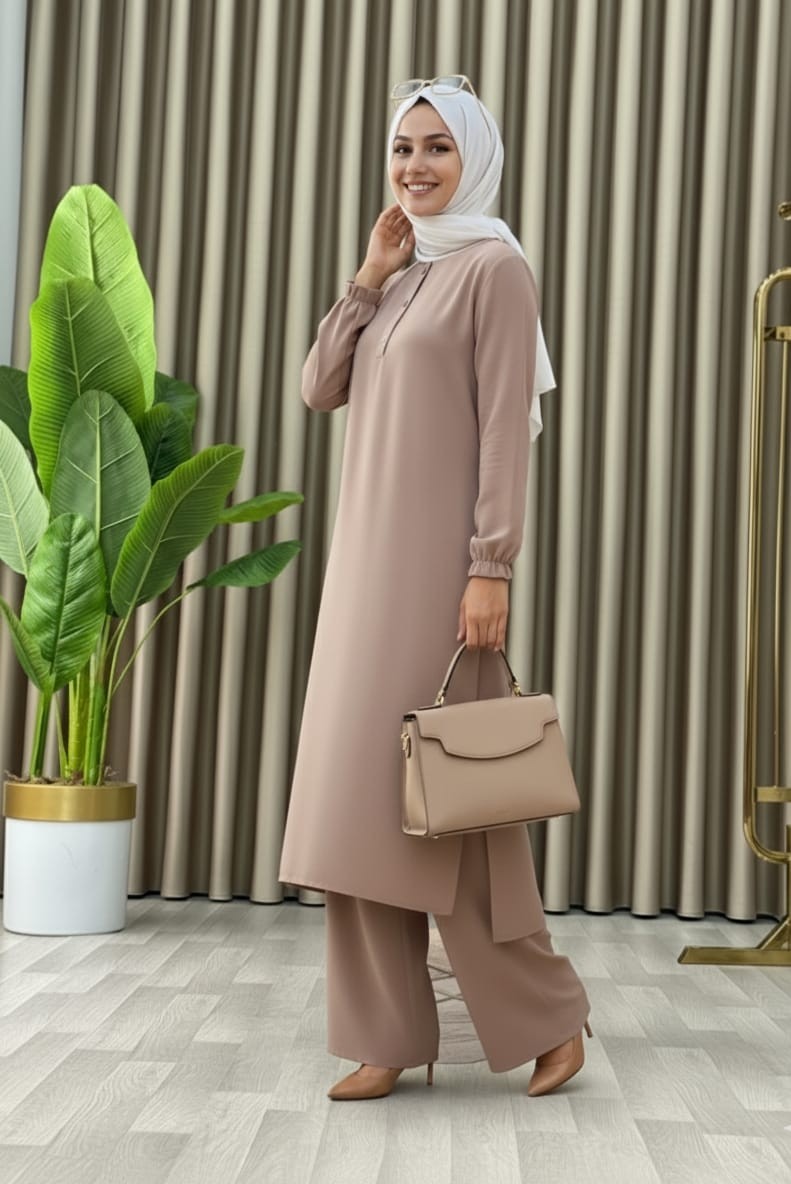 Mismoly Tesettür Ikili Takım Uzun Tunik Bol Paça Pantolon görsel 4